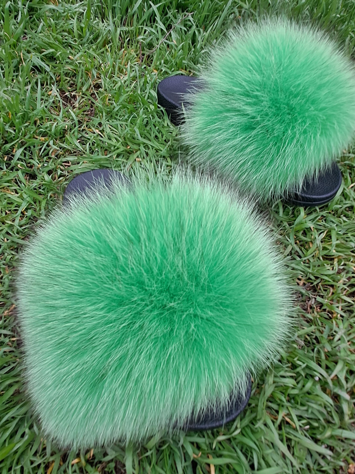 Spring green Arctic fox fur slippers and real fur slides – view 5