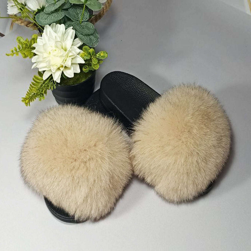 BY ORDER Real Fox Fur Slides Women Girl Genuine Leather Beach Large Finnish Fox Fur Sandals Summer Slippers Fashion Fluffy Shoes Flip Flops
