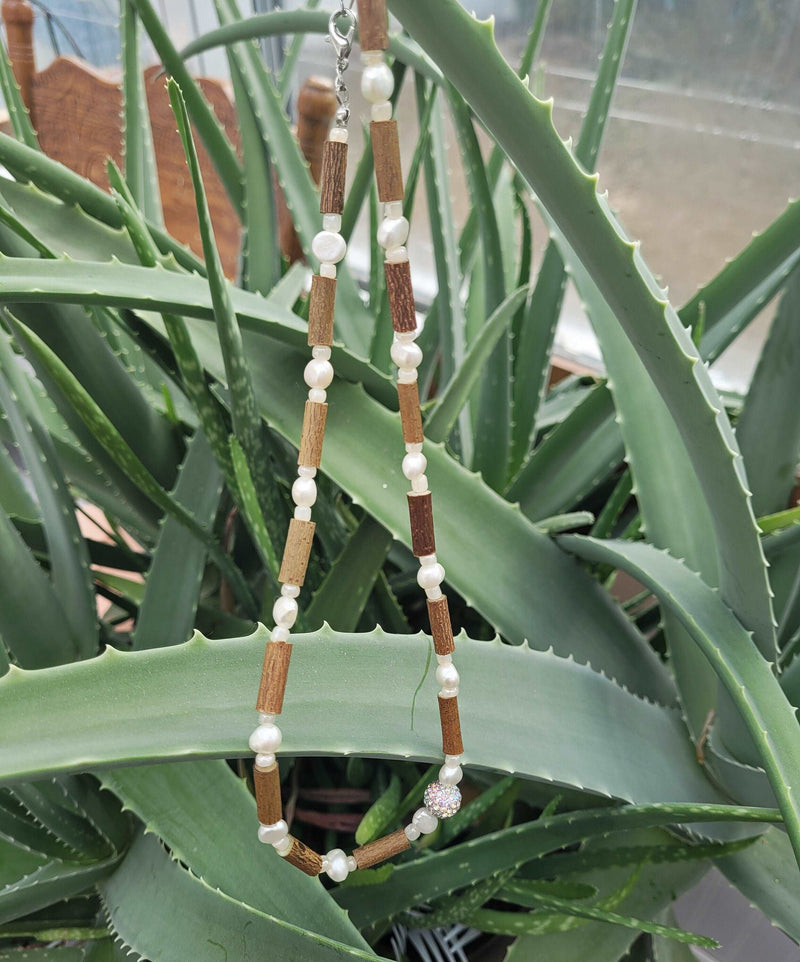 Hazelwood Pearl Crystal Stone Necklace, Genuine Fresh Water Pearls, Wooden Necklace, Healing Necklace Choker, Beaded Women Necklace
