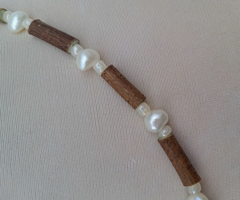 Hazelwood Pearl Crystal Stone Necklace, Genuine Fresh Water Pearls, Wooden Necklace, Healing Necklace Choker, Beaded Women Necklace