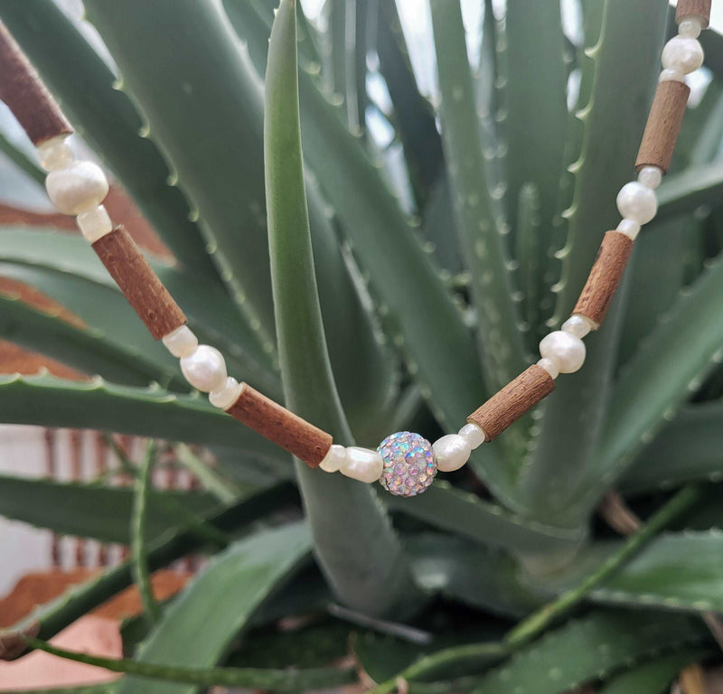 Hazelwood Pearl Crystal Stone Necklace, Genuine Fresh Water Pearls, Wooden Necklace, Healing Necklace Choker, Beaded Women Necklace