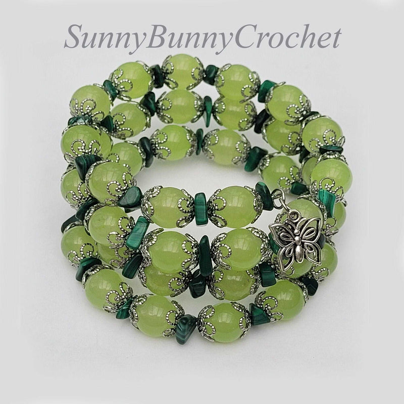 Green Stone Bracelet, Memory Wire Bracelet, Green Jade Bracelet, Crystal Gemstone Bracelet, Beaded Bracelet, Multi Strand Bracelet, Cuff