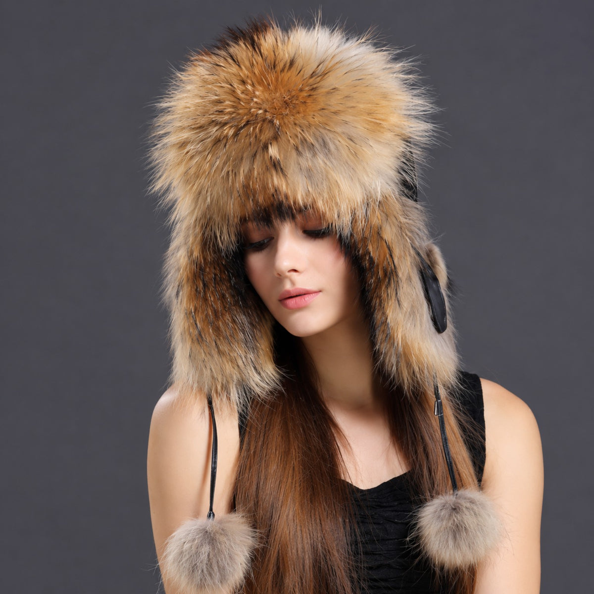 Raccoon fur ushanka hat for women alternate three-quarter view