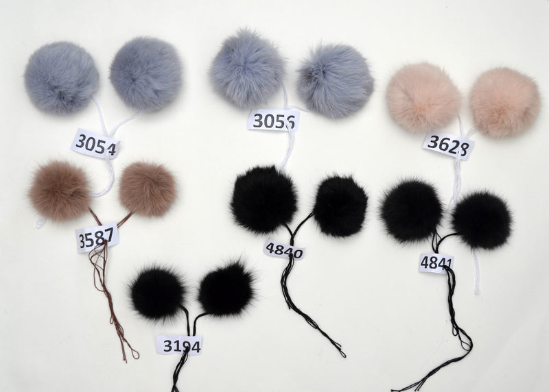 double rabbit pom poms, fur pom pom, gray rabbit fur pom pom, beige rabbit pom pom, black rabbit pom pom