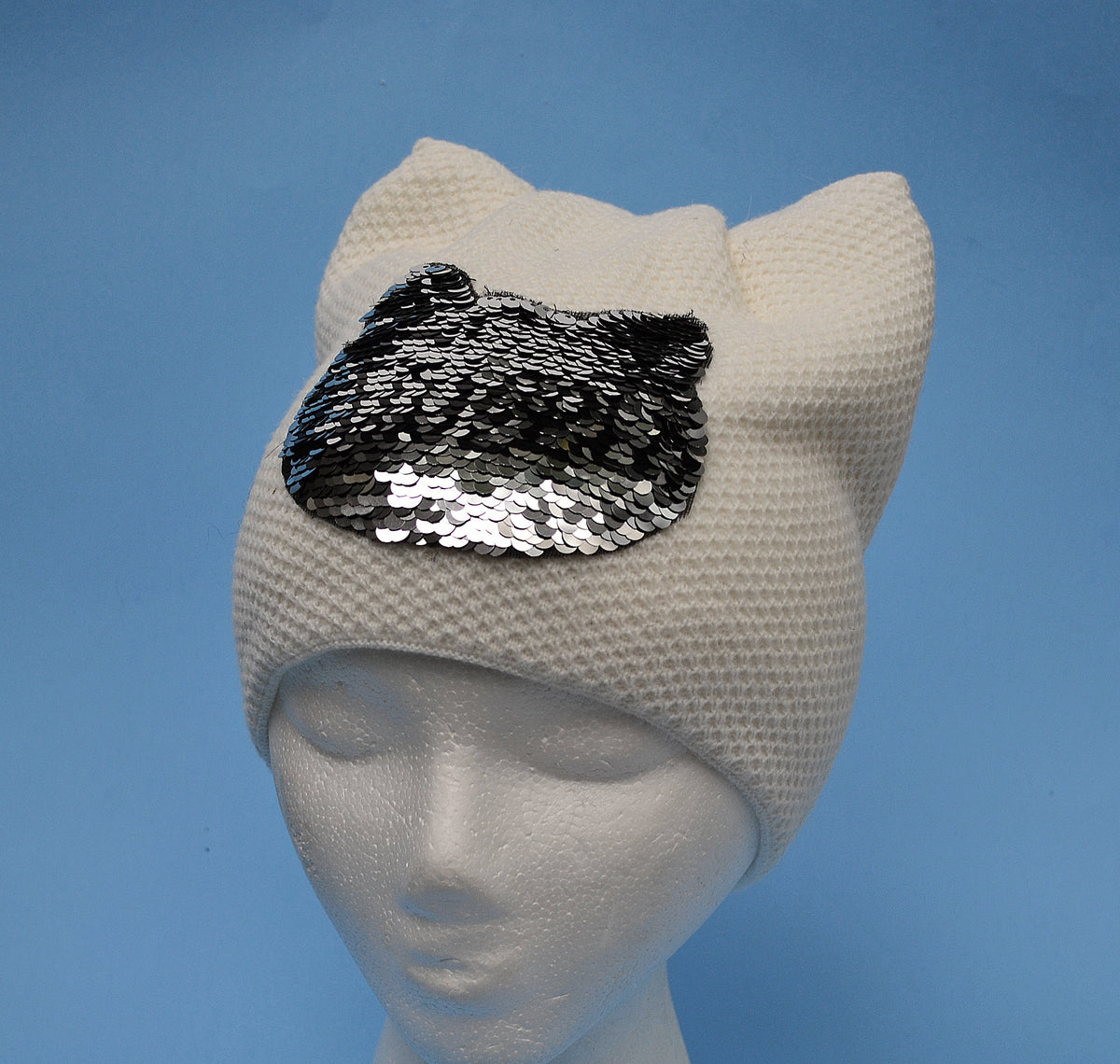 Women’s Cat Ear Beanie – Reversible Sequin Wool Blend Hat