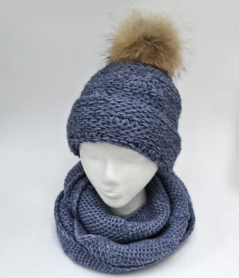 REAL FUR Pom Pom Hat, Women Pom Pom Beanie and Scarf Set, Girl Chunky Beanie, Knit Slouchy Hat, Winter Girl Hat Set Real Raccoon Fur Pom Pom