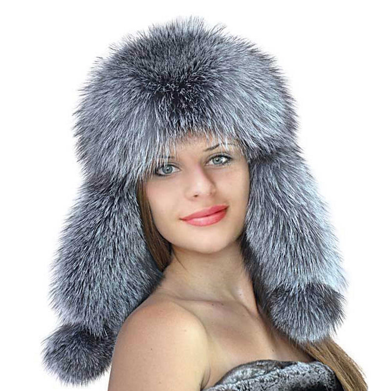 BY ORDER Women Silver fox Fur Hat, Real Leather Fox Fur Hat, Aviator Hat, Ushanka, Russian Hat, Ski Hat, Leather Hat Ear Flap, Girl Trapper