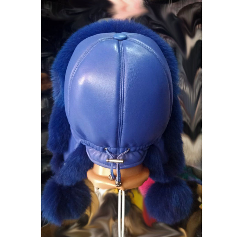 BY ORDER Women Fur Hat, Real Leather Fox Fur Hat, Aviator Hat, Ushanka, Russian Hat, Ski Hat, Leather Hat Ear Flaps, Girl Trapper Hat Blue