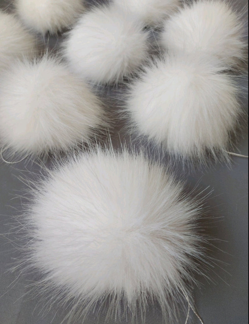 READY to SHIP Faux Fur Pom Pom, Faux Raccoon Fur, Fake Fur Pom Pom, Tie on PomPoms, Vegan Pom Pom, White Fur Pom Poms, 4-5 inch