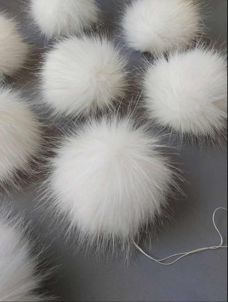 READY to SHIP Faux Fur Pom Pom, Faux Raccoon Fur, Fake Fur Pom Pom, Tie on PomPoms, Vegan Pom Pom, White Fur Pom Poms, 4-5 inch