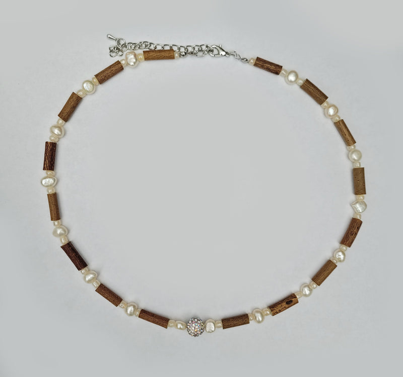 Hazelwood Pearl Crystal Stone Necklace, Genuine Fresh Water Pearls, Wooden Necklace, Healing Necklace Choker, Beaded Women Necklace