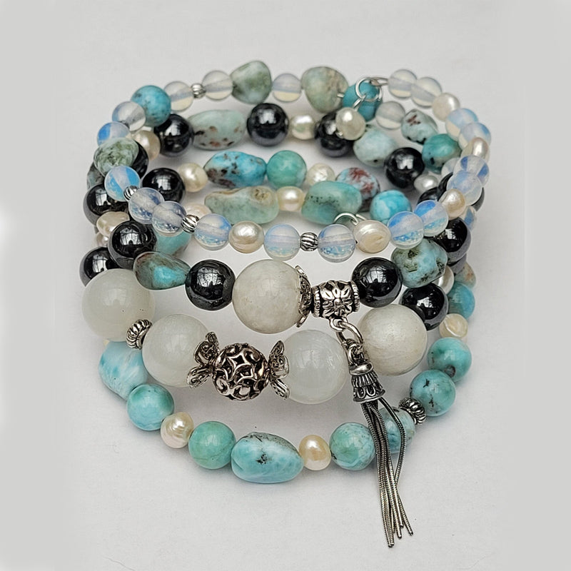 Larimar Bracelet 925 Sterling Silver, Blue Stone Bracelet, Multi Strand Bracelet, Moonstone, Freshwater Pearls, Memory Wire, Gemstone Cuff