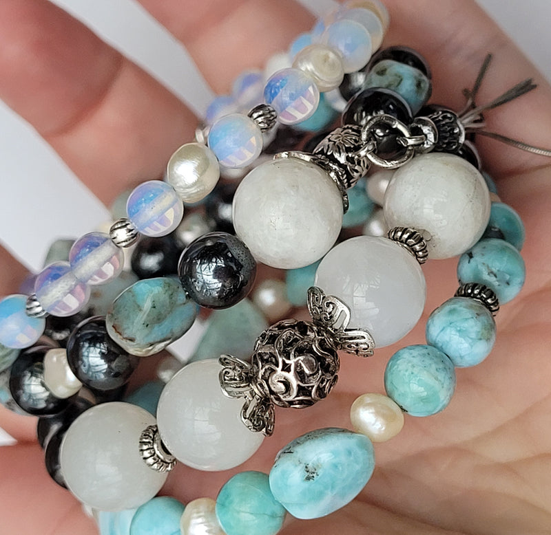 Larimar Bracelet 925 Sterling Silver, Blue Stone Bracelet, Multi Strand Bracelet, Moonstone, Freshwater Pearls, Memory Wire, Gemstone Cuff