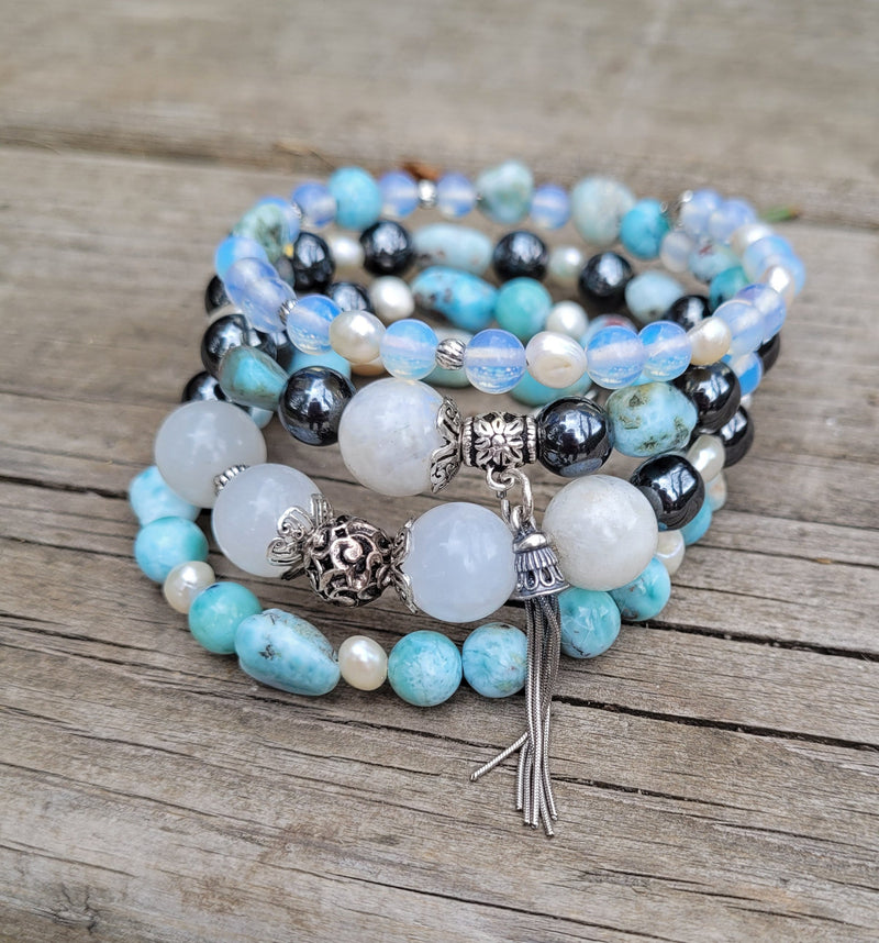 Larimar Bracelet 925 Sterling Silver, Blue Stone Bracelet, Multi Strand Bracelet, Moonstone, Freshwater Pearls, Memory Wire, Gemstone Cuff
