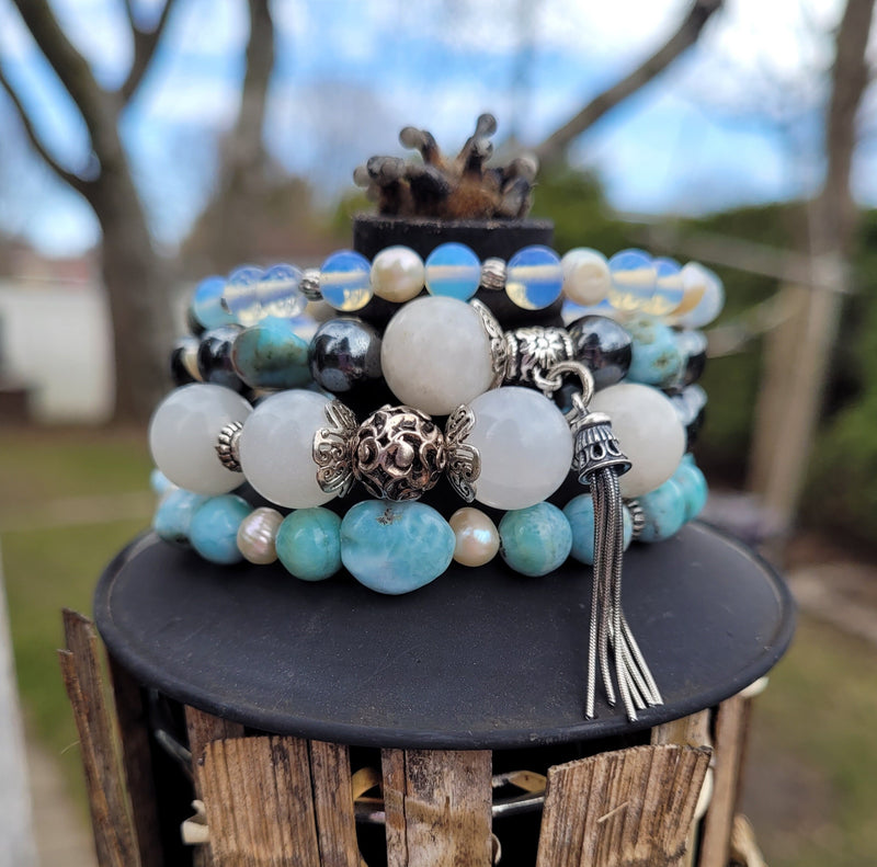 Larimar Bracelet 925 Sterling Silver, Blue Stone Bracelet, Multi Strand Bracelet, Moonstone, Freshwater Pearls, Memory Wire, Gemstone Cuff
