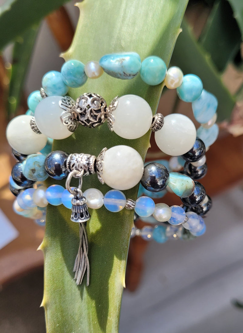 Larimar Bracelet 925 Sterling Silver, Blue Stone Bracelet, Multi Strand Bracelet, Moonstone, Freshwater Pearls, Memory Wire, Gemstone Cuff