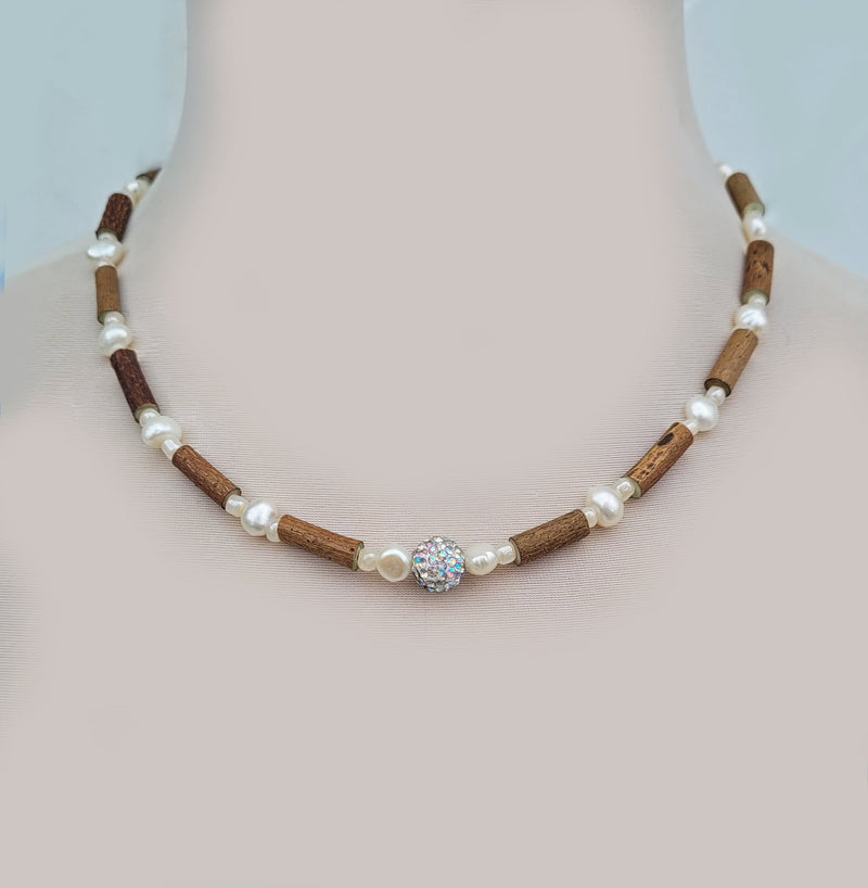 Hazelwood Pearl Crystal Stone Necklace, Genuine Fresh Water Pearls, Wooden Necklace, Healing Necklace Choker, Beaded Women Necklace