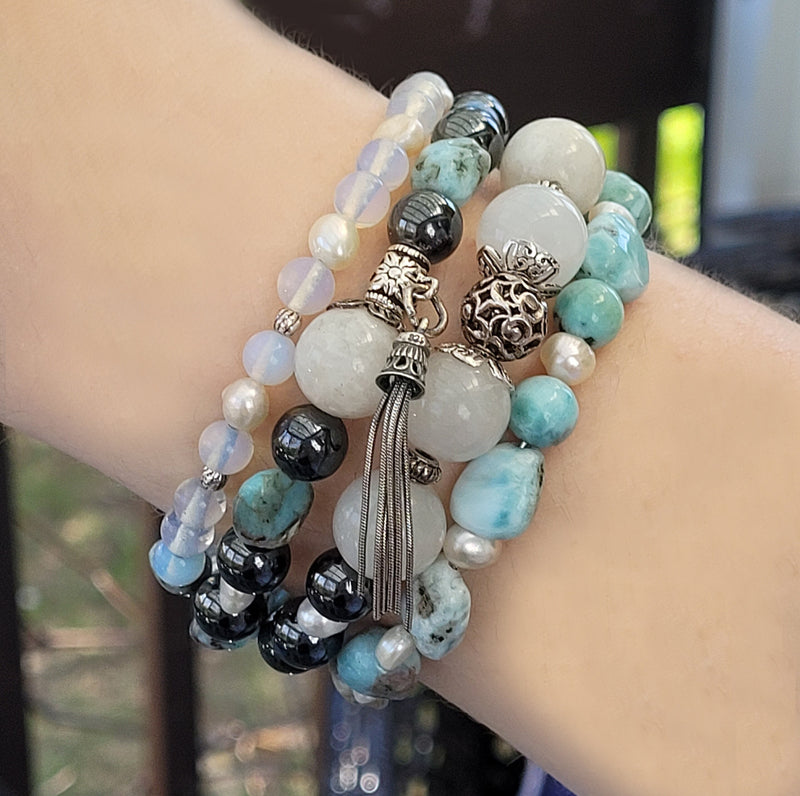 Larimar Bracelet 925 Sterling Silver, Blue Stone Bracelet, Multi Strand Bracelet, Moonstone, Freshwater Pearls, Memory Wire, Gemstone Cuff