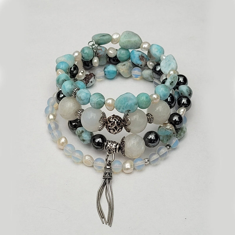 Larimar Bracelet 925 Sterling Silver, Blue Stone Bracelet, Multi Strand Bracelet, Moonstone, Freshwater Pearls, Memory Wire, Gemstone Cuff