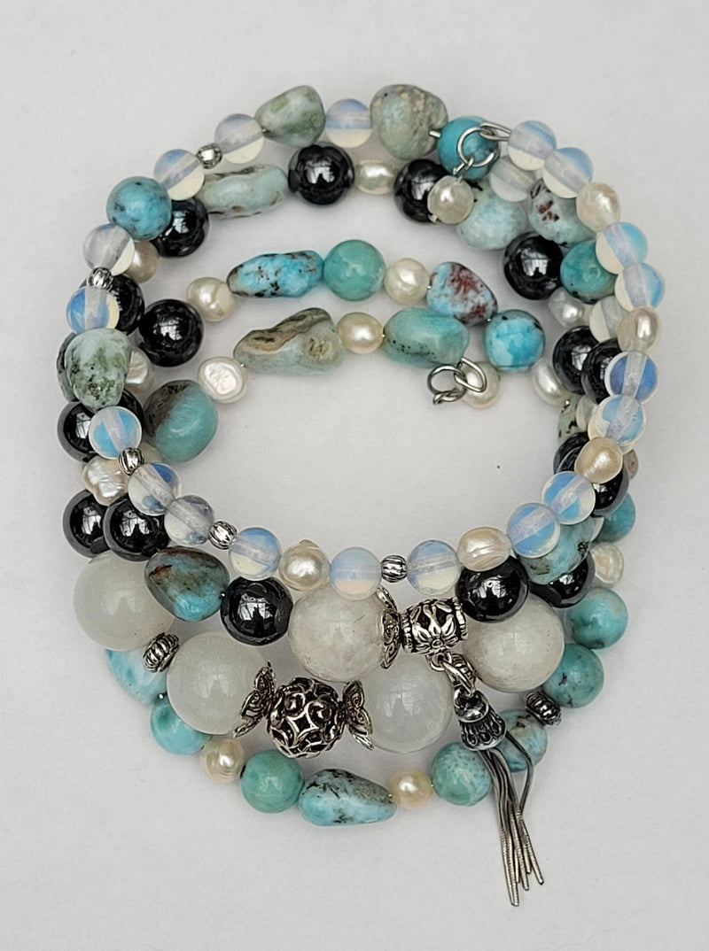 Larimar Bracelet 925 Sterling Silver, Blue Stone Bracelet, Multi Strand Bracelet, Moonstone, Freshwater Pearls, Memory Wire, Gemstone Cuff