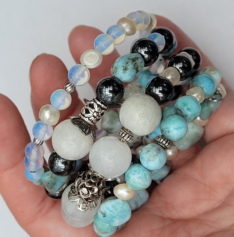 Larimar Bracelet 925 Sterling Silver, Blue Stone Bracelet, Multi Strand Bracelet, Moonstone, Freshwater Pearls, Memory Wire, Gemstone Cuff