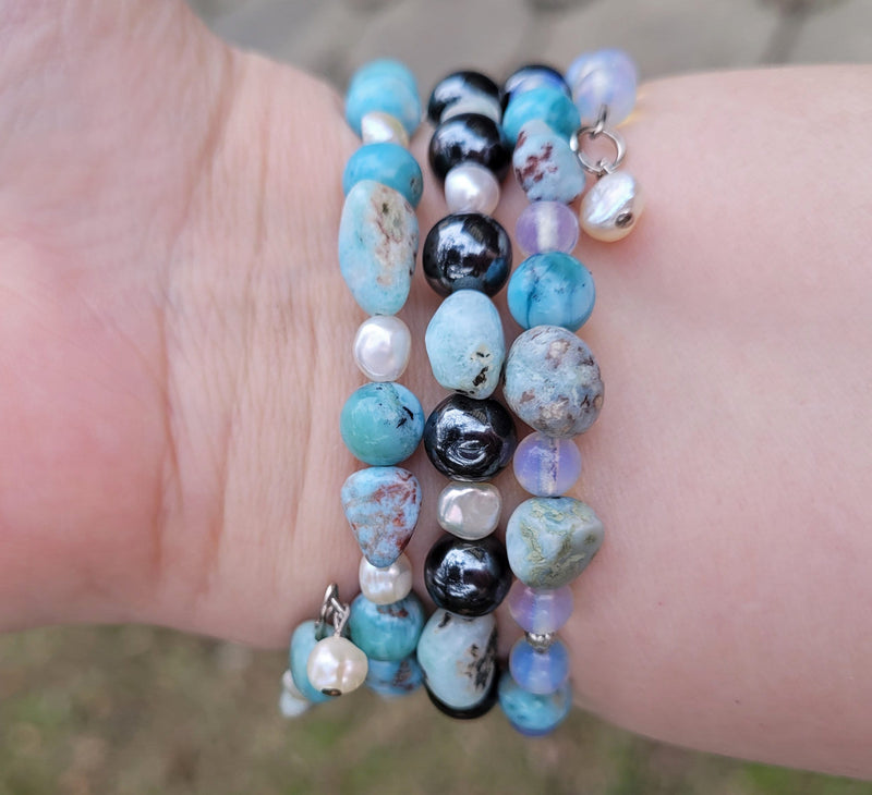 Larimar Bracelet 925 Sterling Silver, Blue Stone Bracelet, Multi Strand Bracelet, Moonstone, Freshwater Pearls, Memory Wire, Gemstone Cuff
