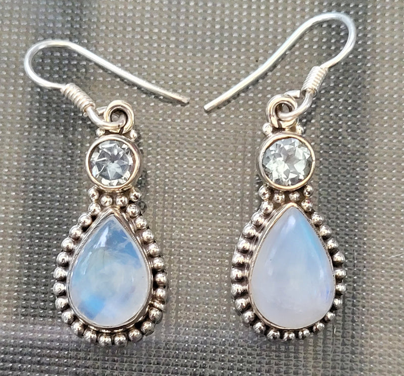 Moonstone Blue Topaz Stone Earrings, 925 Sterling Silver Earrings, Gemstone Dainty Earrings, White stone Earrings, Long Dangle Earrings