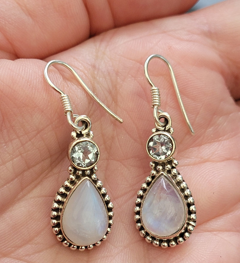 Moonstone Blue Topaz Stone Earrings, 925 Sterling Silver Earrings, Gemstone Dainty Earrings, White stone Earrings, Long Dangle Earrings