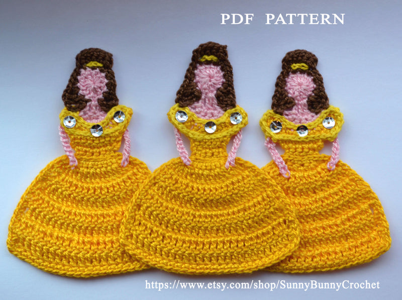 PRINCESS APPLIQUE, Crochet Applique Pattern,  Princess Belle Appliqué,  Disney Princess, Crochet Princess,Beauty, Beast, children, handmade