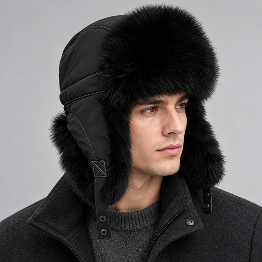 Black rabbit fur trapper hat worn by a male model