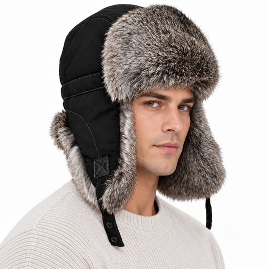 Clean-shaven man wearing a black rabbit fur trapper hat