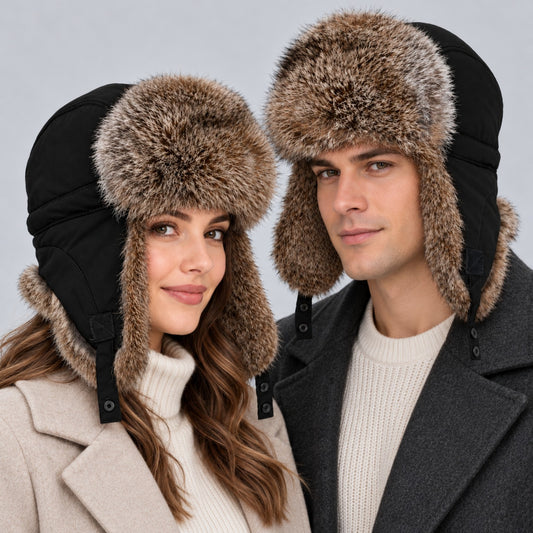 Unisex rabbit fur trapper hats on a woman and man