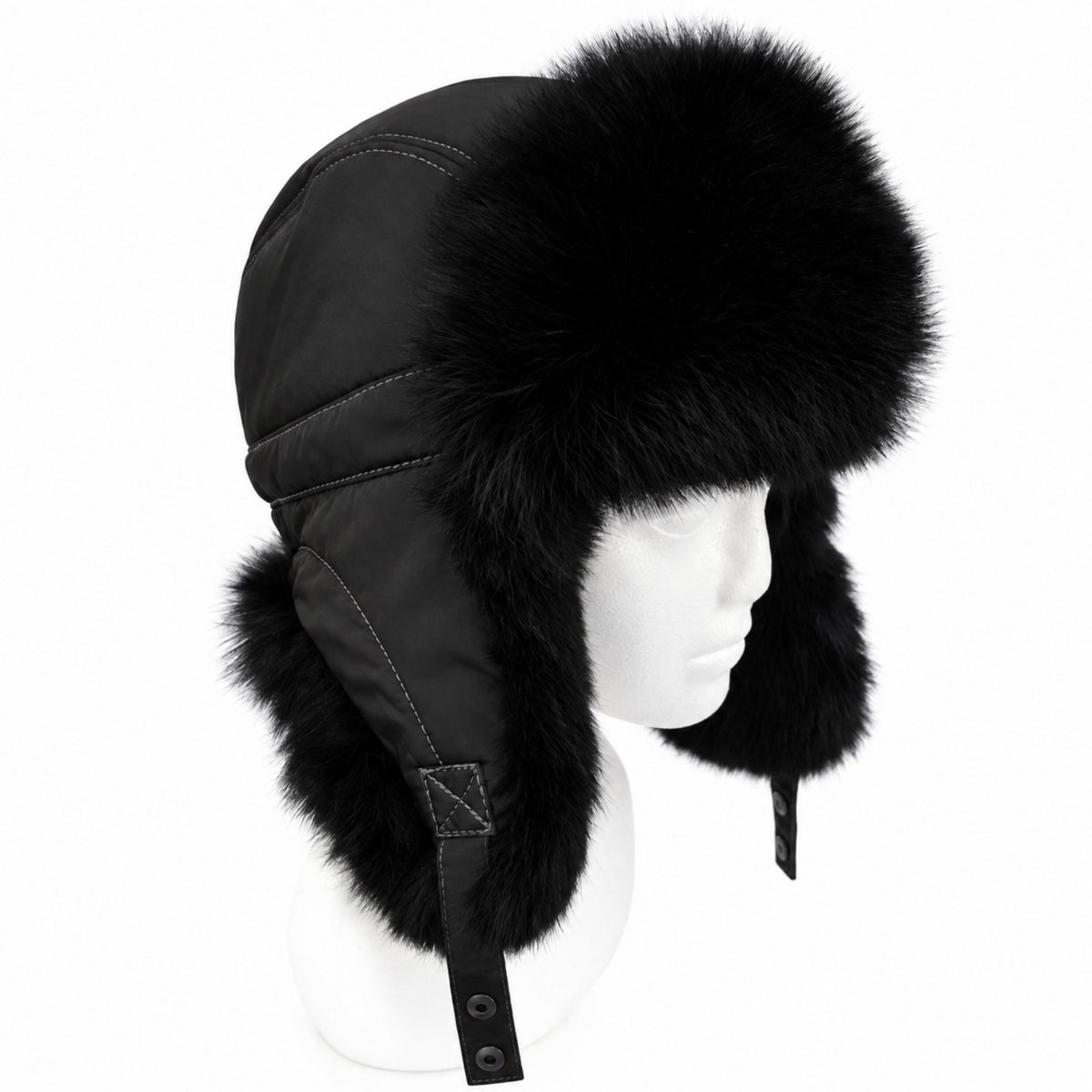 Black rabbit fur trapper hat on a mannequin, front view