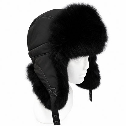 Black rabbit fur trapper hat on a mannequin, front view