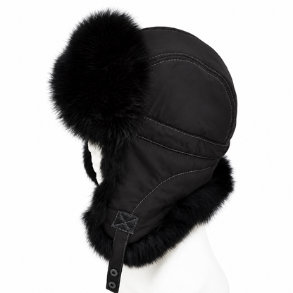 Black rabbit fur ushanka, rear view