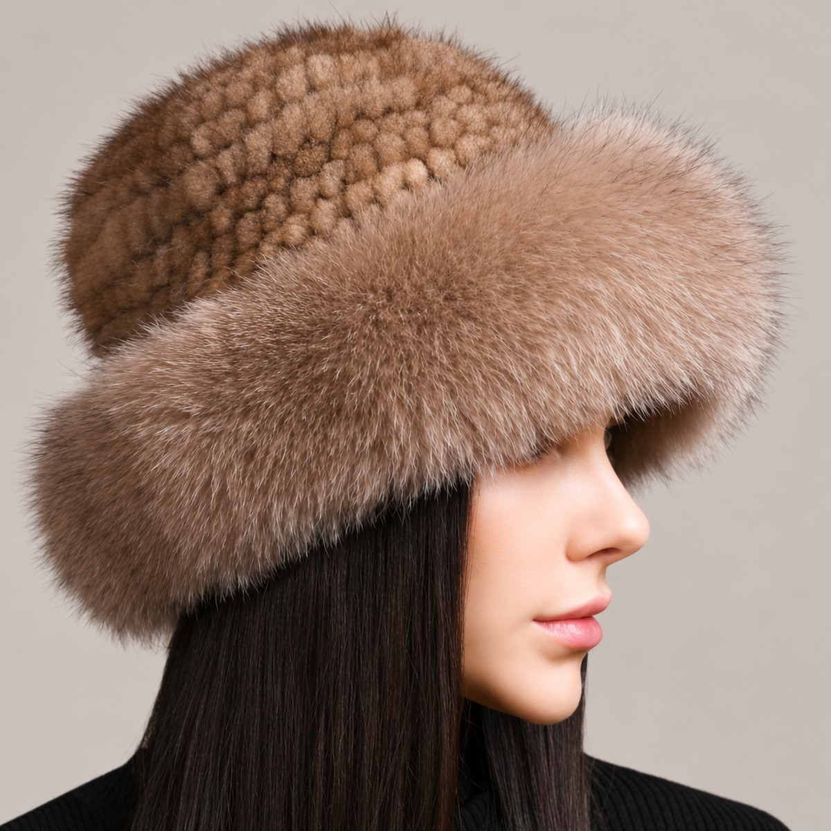 Camel brown knitted mink hat with a wide fox fur brim, shown from the side on a model.