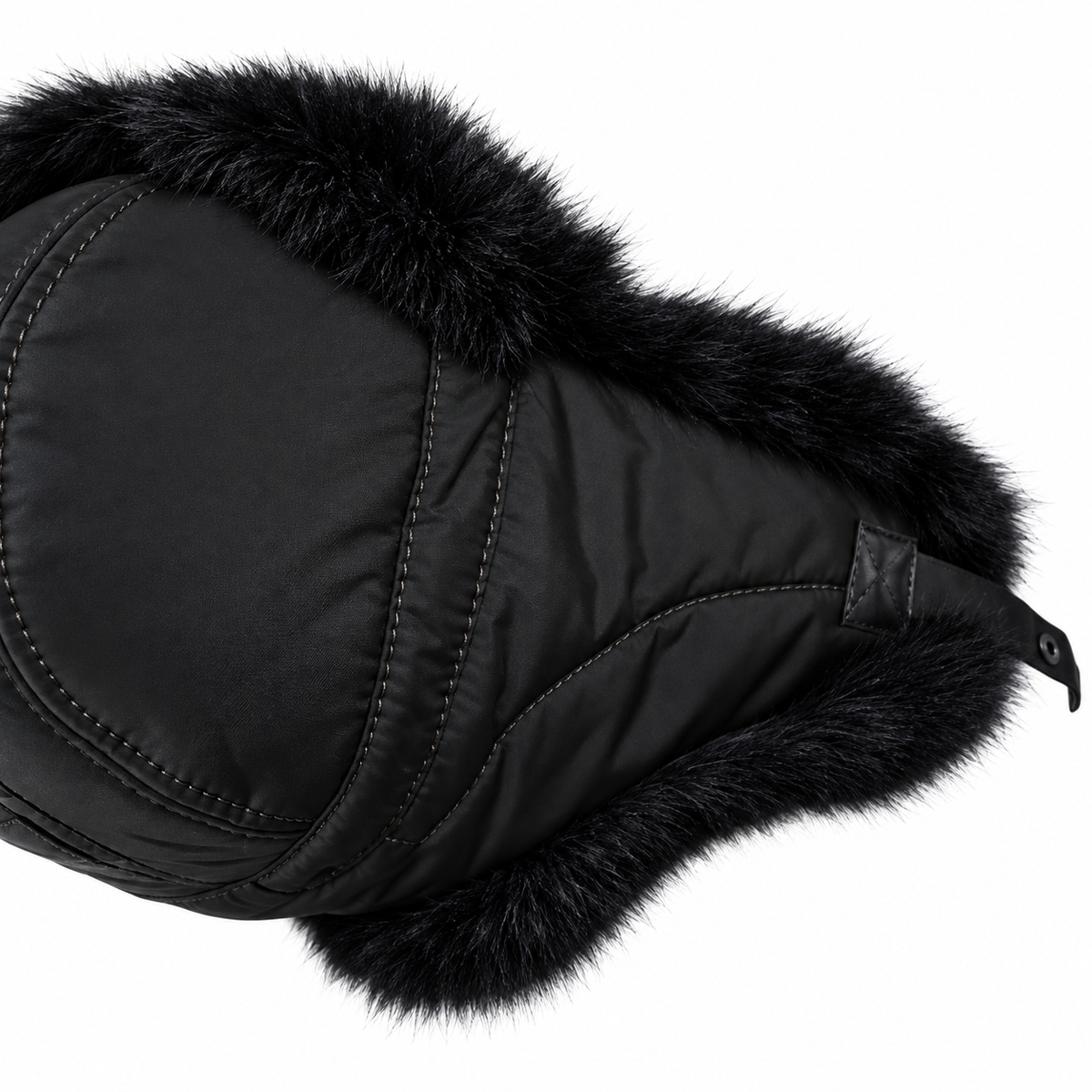 Black fur-lined trapper hat, side view on white background