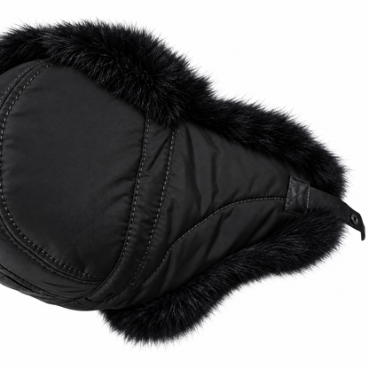 Black fur-lined trapper hat, side view on white background