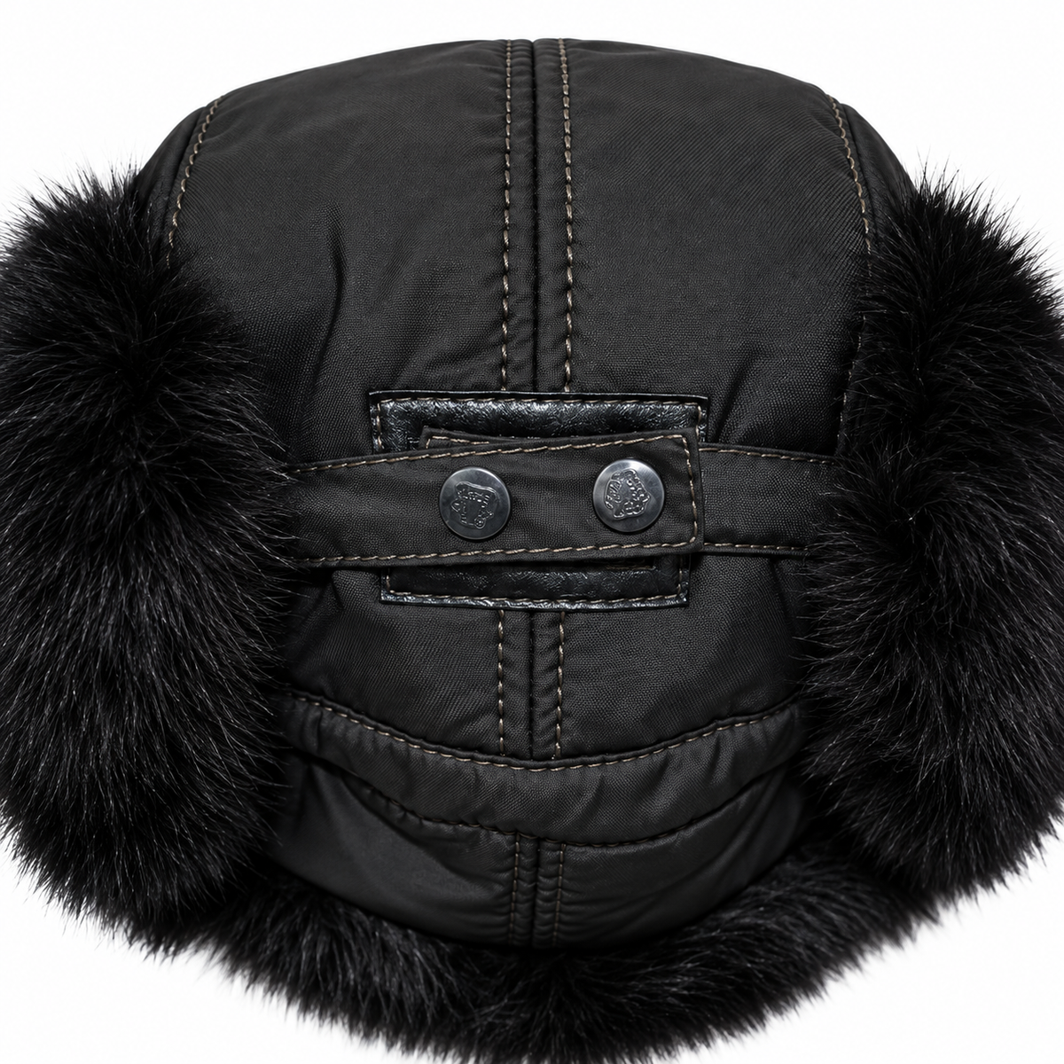Black fur-lined ushanka studio product photo