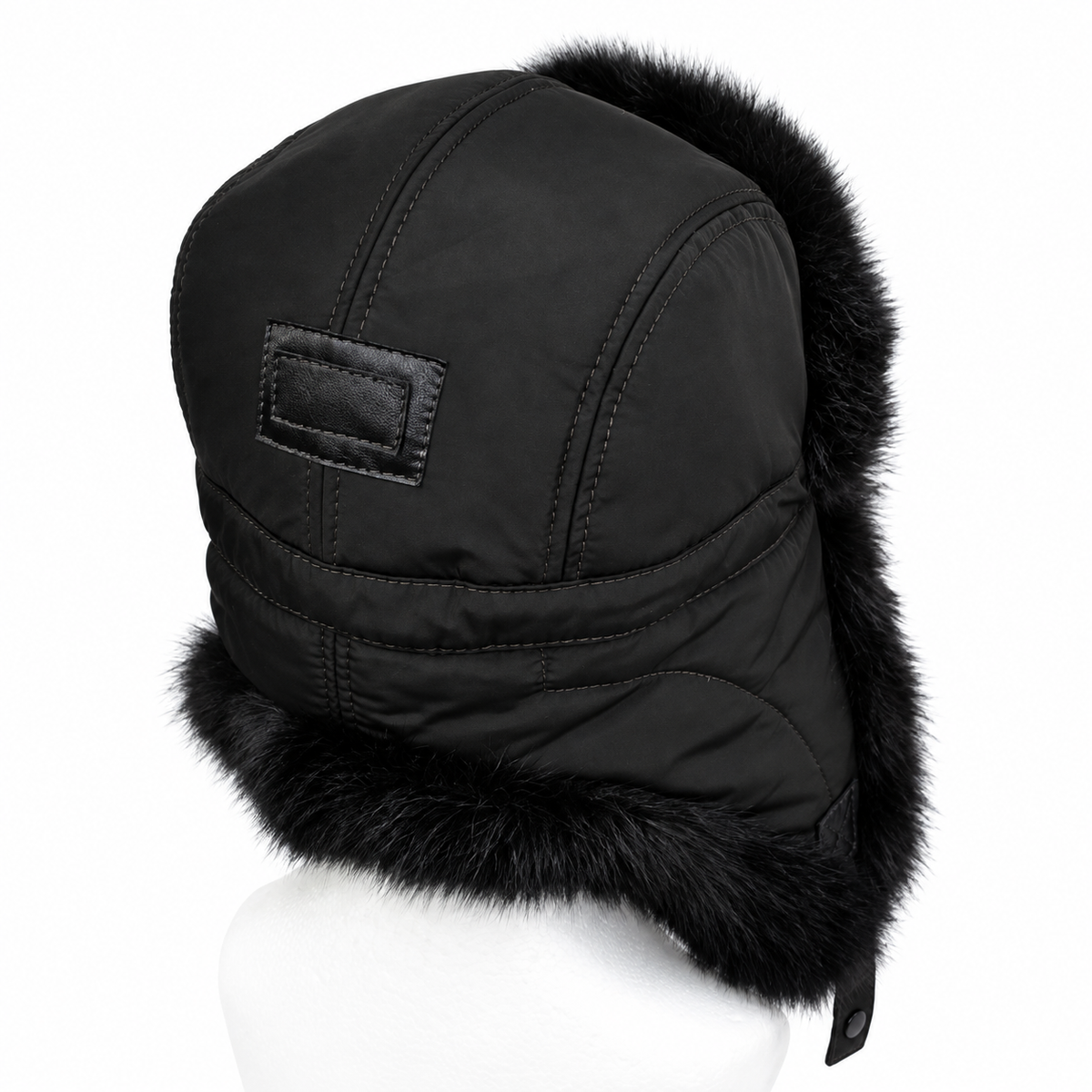Rear view of black fur-trimmed hat on mannequin
