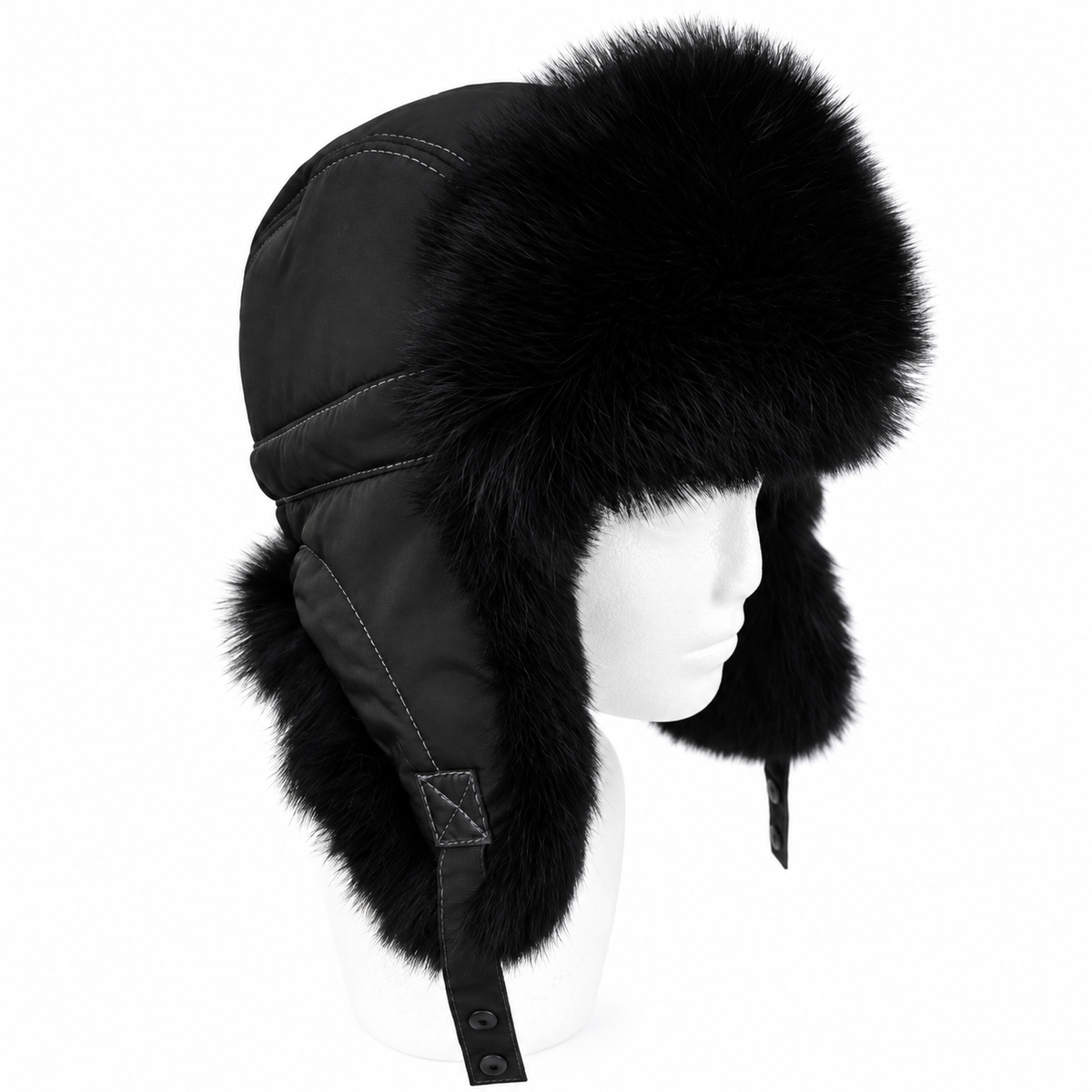 Black fur trapper hat on mannequin, front angle