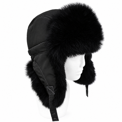 Black fur trapper hat on mannequin, front angle