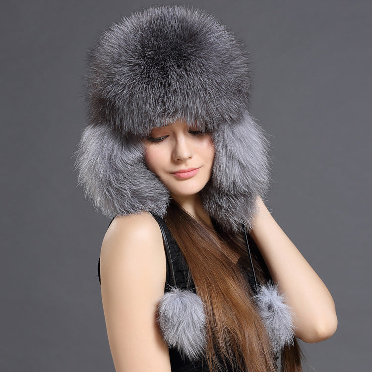 Silver Arctic fox fur ushanka hat for women – real fur aviator earflap trapper hat