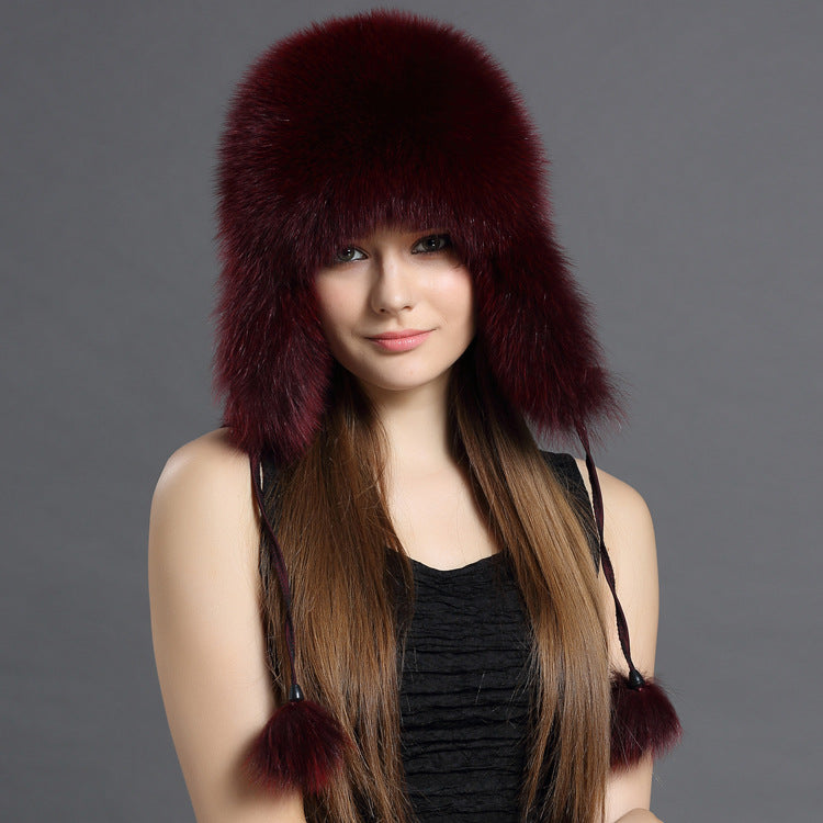 Wine red Arctic fox fur ushanka hat for women – real fur earflap trapper hat