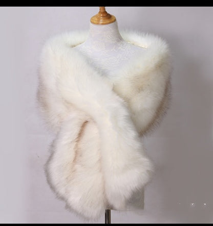 Long Faux Fox Fur Bridal Shawl - Elegant Evening Wrap - Silver gold tip
