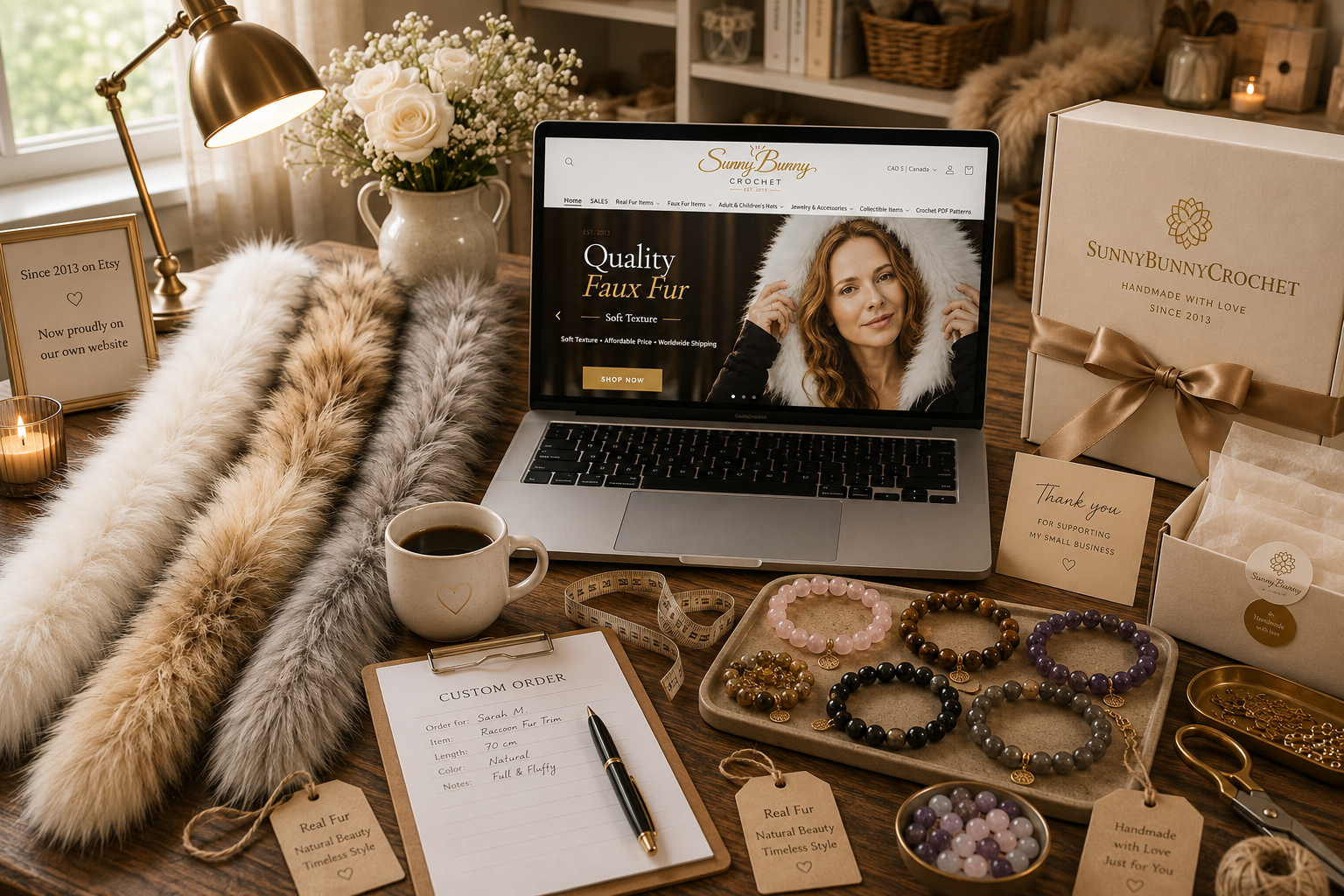 SunnyBunnyCrochet custom fur trims and gemstone jewelry workspace