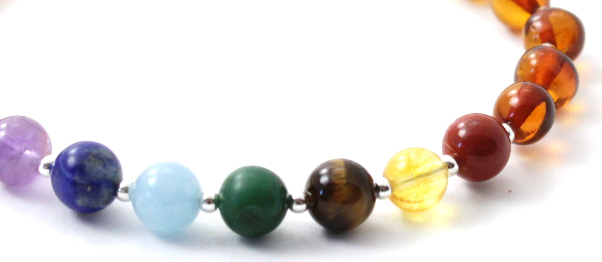 Amber Adult Bracelets With Silver and Chakra Gemstones-2