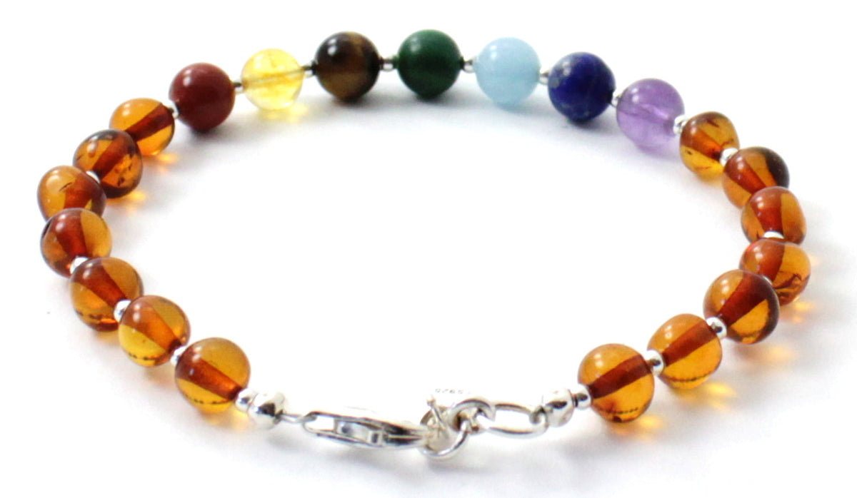 Amber Adult Bracelets With Silver and Chakra Gemstones-3