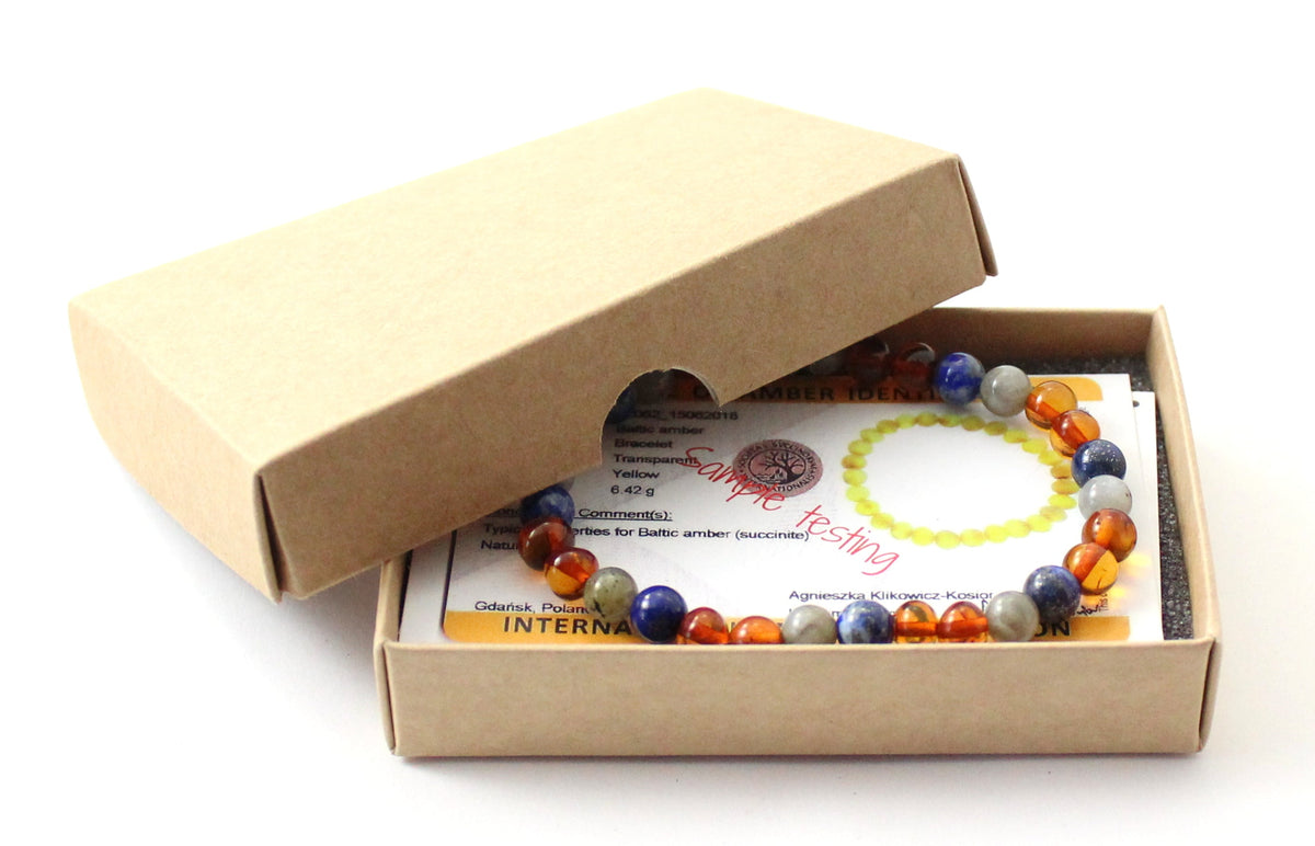 Amber Polished Cognac Stretch Bracelet With Gray Labradorite and Lapis Lazuli-1