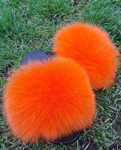 Orange Real Fur Slippers – Arctic Fox Fur Slides